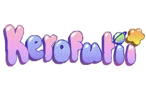 a dithered pink and blue logo that says Kerofutii in bubbled letters. the two i's at the end have a green saturn planet and a star in place of the dots